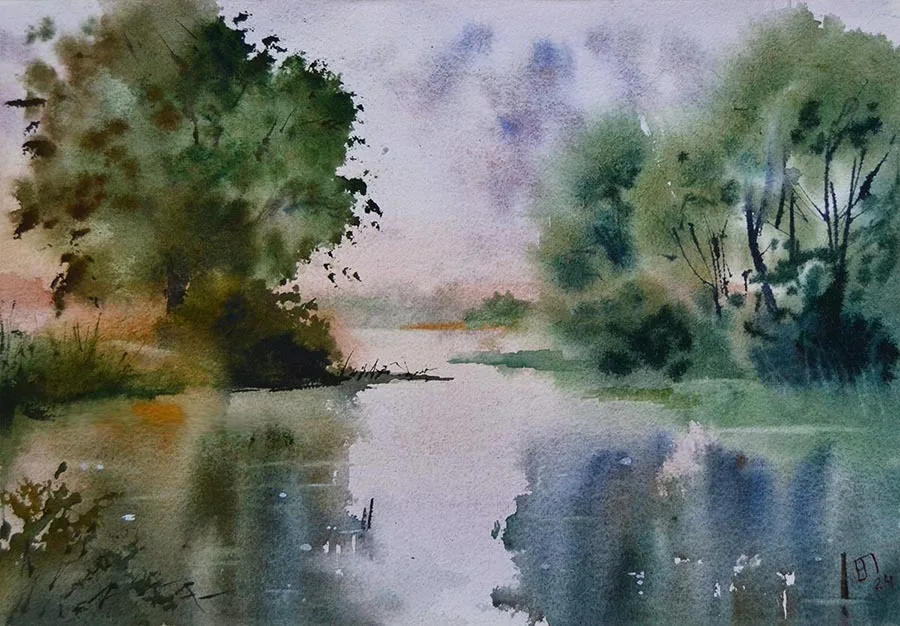 Картина «Летний вечер. Пруд.» — Елена Пантелеева, Пейзаж, На картине изображен спокойный летний вечер — пруд с густой зеленью по берегам …