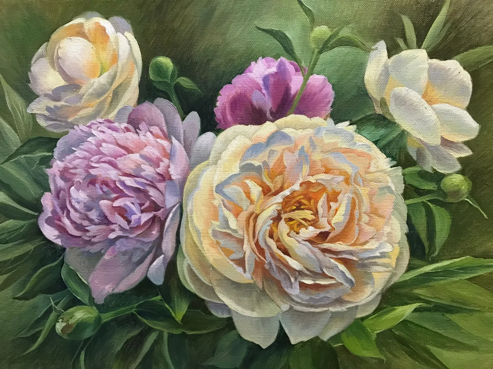 Картина «Пионы» — Наталья Чибизенко, Другое, На картине изображены несколько крупных пионов в пастельных тонах: нежно-розовы…