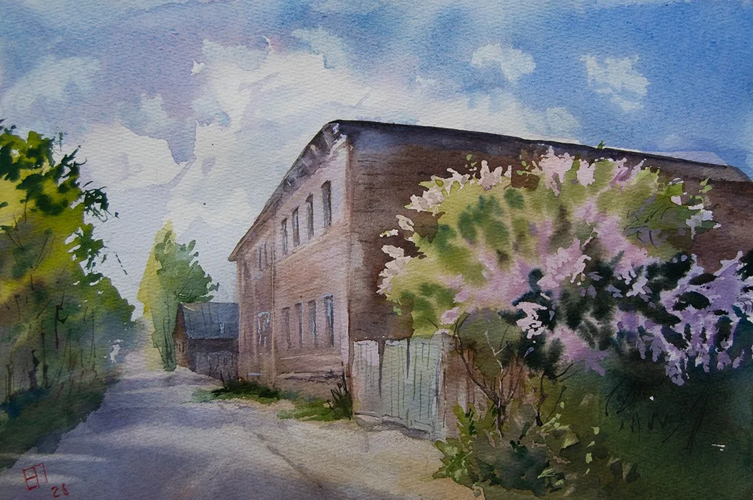 Картина «Сирень у дома» — Елена Пантелеева, Городской пейзаж, Знаете, что может остановить взгляд на обычной улочке? Этот городской пейзаж ак…