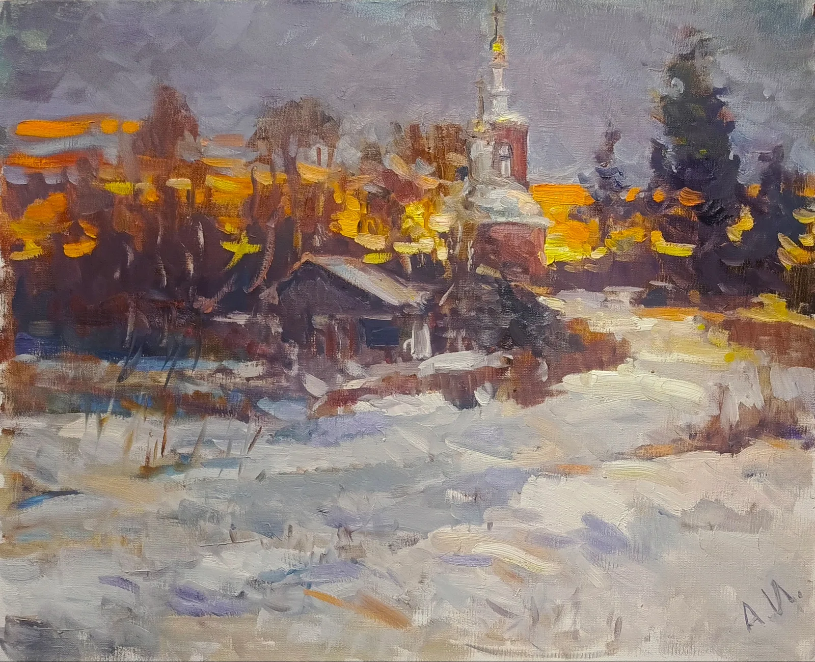 Картина «Сумерки.д.Волосово х.м 45.5 х 50  2025г.» — Александр Изофатов, Пейзаж, Эта картина запечатляет момент перехода дня в ночь, когда сумерки окутывают дер…