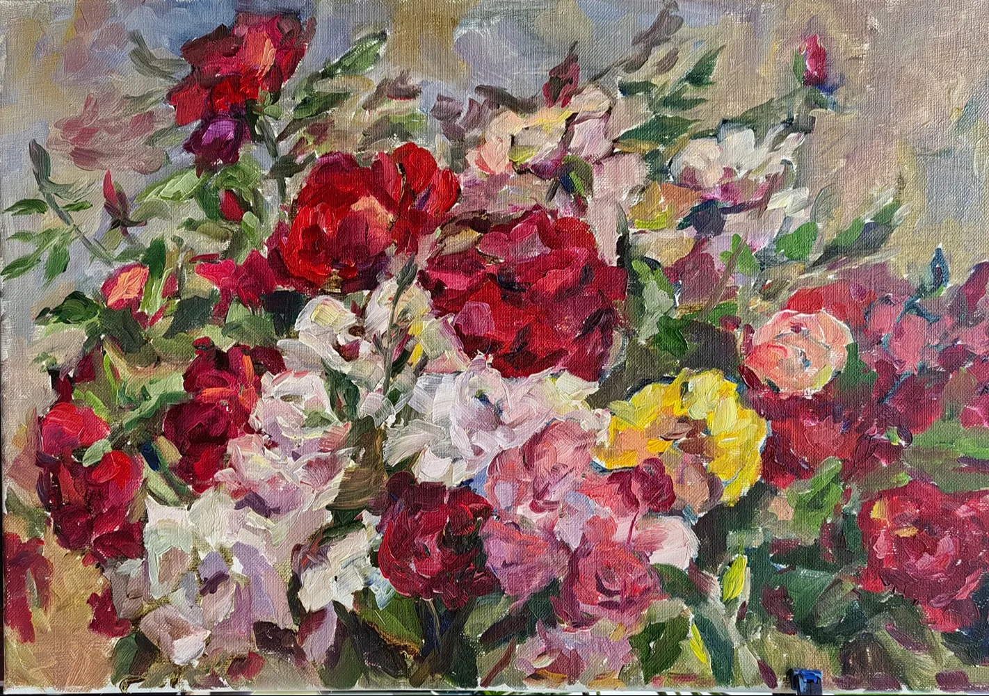 Картина «Букет с желтой розой» — Ольга Изофатова, Натюрморт, В центре картины — букет цветов, выполненный в технике маслом на холсте размеро…