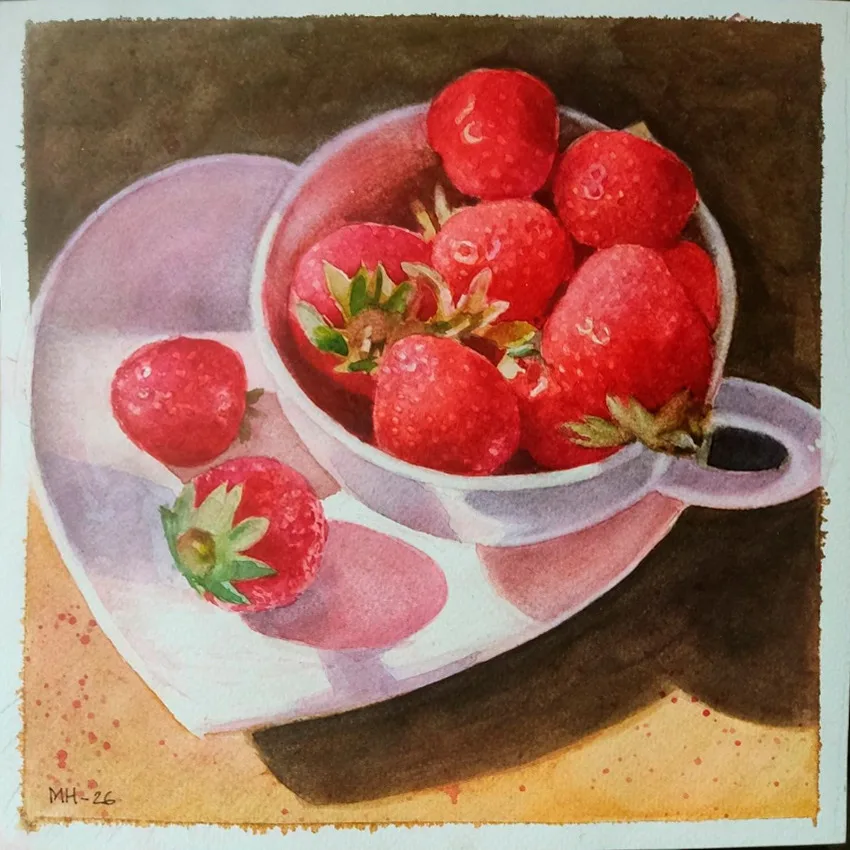 Картина «"Клубника в чашке"» — Марина Нехороших, Натюрморт, Солнечный счастливый день.