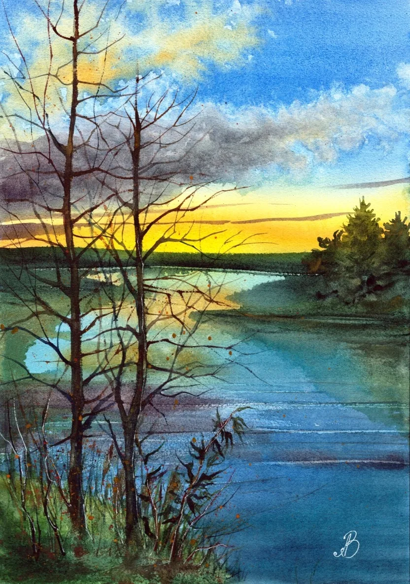 Картина «Дыхание вечернего озера» — Алла Валежина, Пейзаж, Название: Дыхание вечернего озера 
Техника: Акварель
Бумага: Baohong 300 g/m²…
