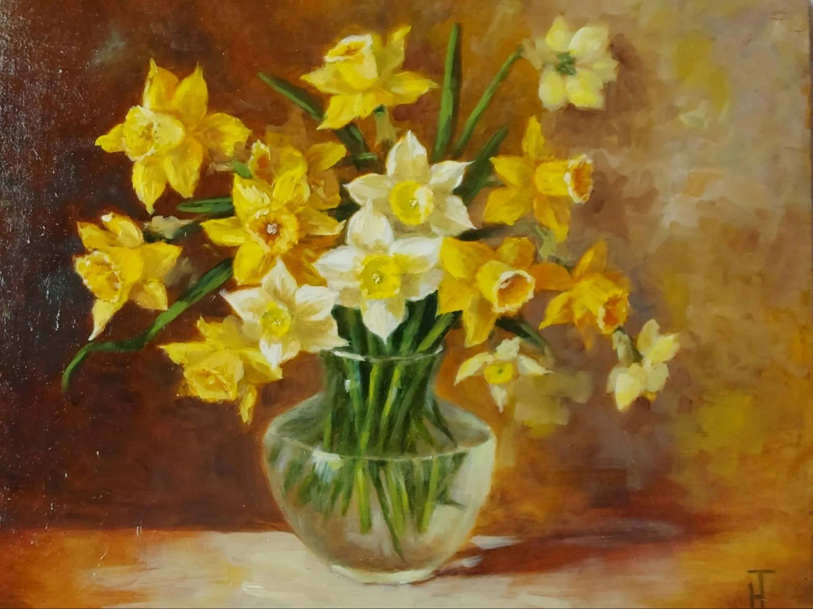 Картина «"Нарциссы"» — Надежда Тиблова, Натюрморт, На картине изображен букет нарциссов в прозрачной вазе. Цветы, преимущественно …