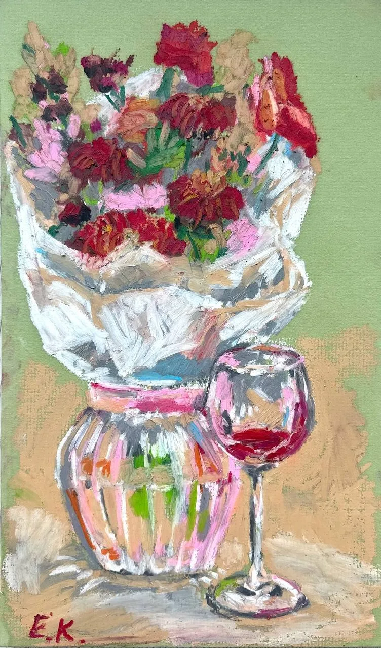 Картина ««Осенний букет»» — Ксения Ельчанинова, Натюрморт, В этом натюрморте букет из осенних цветов контрастирует с гладкой поверхностью …