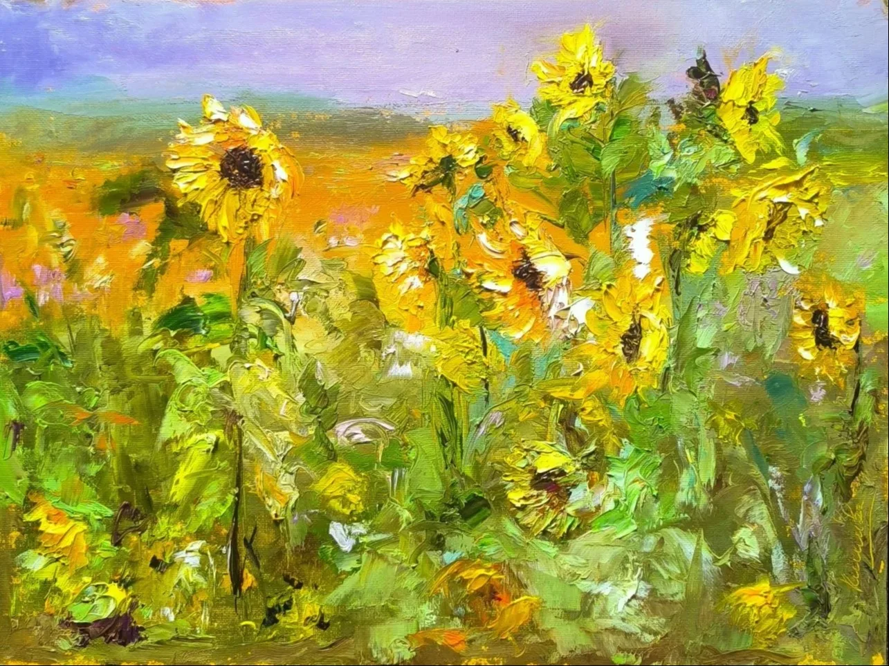 Картина «Поле подсолнухов» — Юлия Киселева, Пейзаж, Картина написана маслом и мастихином, холст на картоне, требуется оформление в …