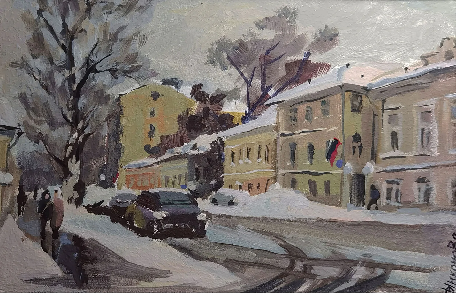 Картина «Московская зима» — Ольга Никонова, Городской пейзаж, Этюд выполнен по грунтованному картону темперными красками, оформлена в деревян…