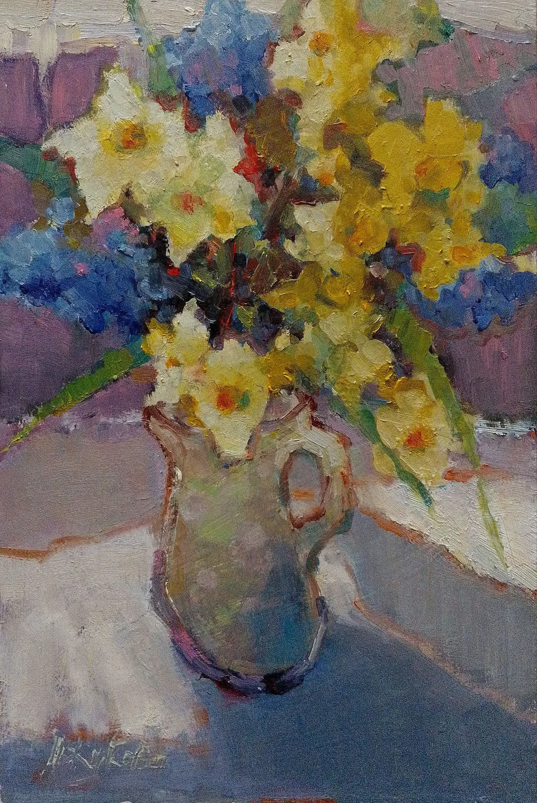 Картина «Солнышки на столе» — Надежда Жукова, Натюрморт, букет нарциссов, освещенный солнцем, свет и тень, холод и тепло, все соединяетс…