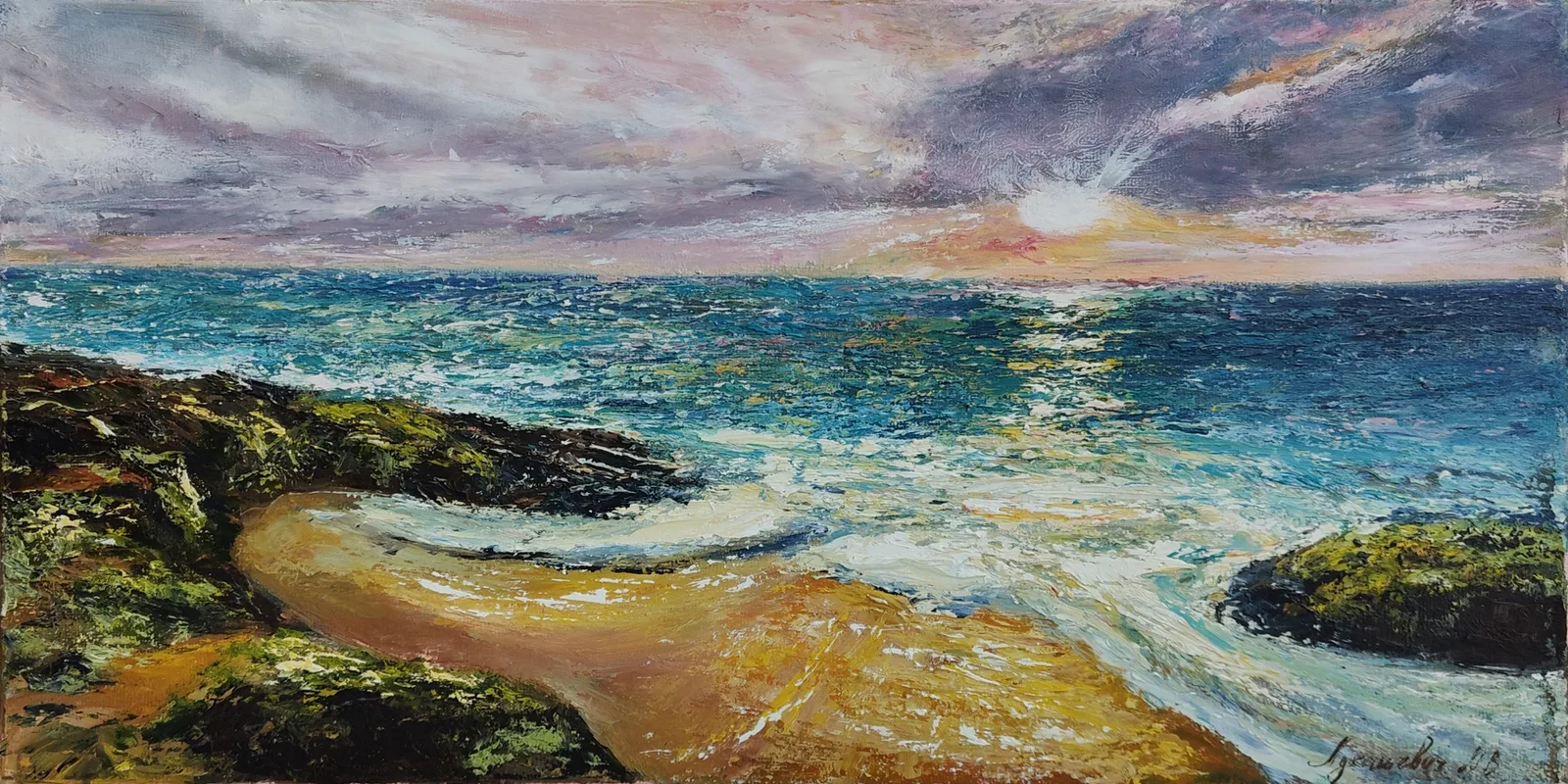 Картина «Вечерний бриз» — Мария Лукашевич, Пейзаж, На картине изображен морской берег во время заката или рассвета, с волнами, наб…