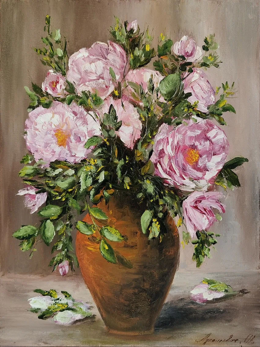 Картина «Натюрморт с пионами» — Мария Лукашевич, Натюрморт, Натюрморт с изображением розовых пионов в глиняной вазе
Пионы в искусстве част…