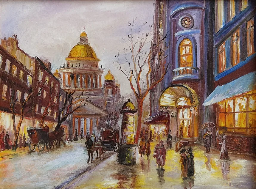 Картина «Вернуться в прошлое, Питер.» — Мария Лукашевич, Городской пейзаж, Вечерний город в стиле импрессионизма. На полотне запечатлен исторический вид: …