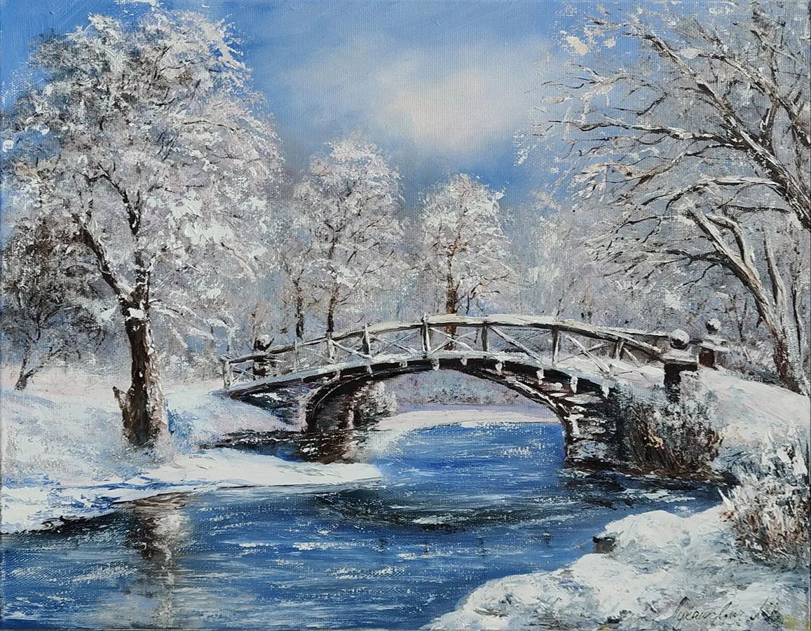 Картина ««Зимняя сказка: Мостик в парке»» — Мария Лукашевич, Пейзаж, Погрузитесь в атмосферу спокойствия и зимнего волшебства
Размер холста: 35х45 …