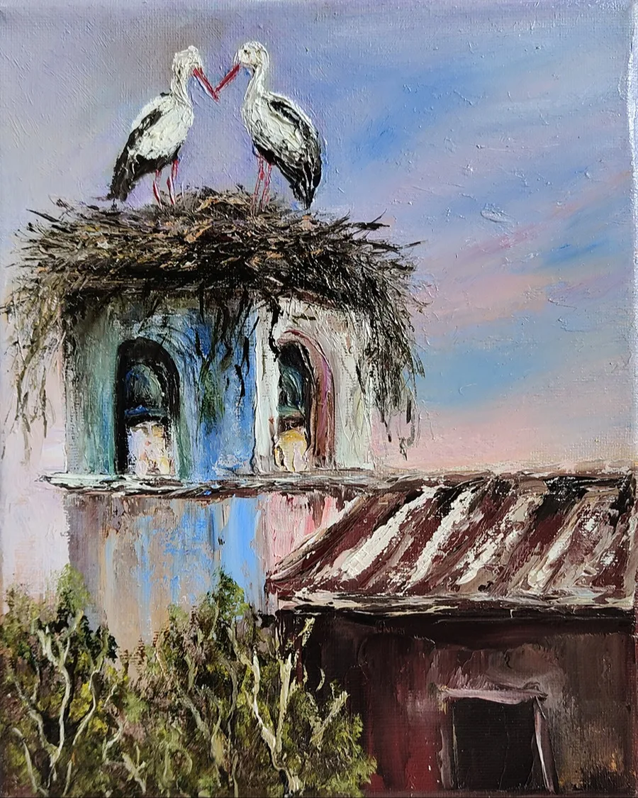 Картина «Аисты» — Мария Лукашевич, Пейзаж, Небольшая интерьерная картина с изображением Аистов.
Масло, холст 100% лен. Ра…