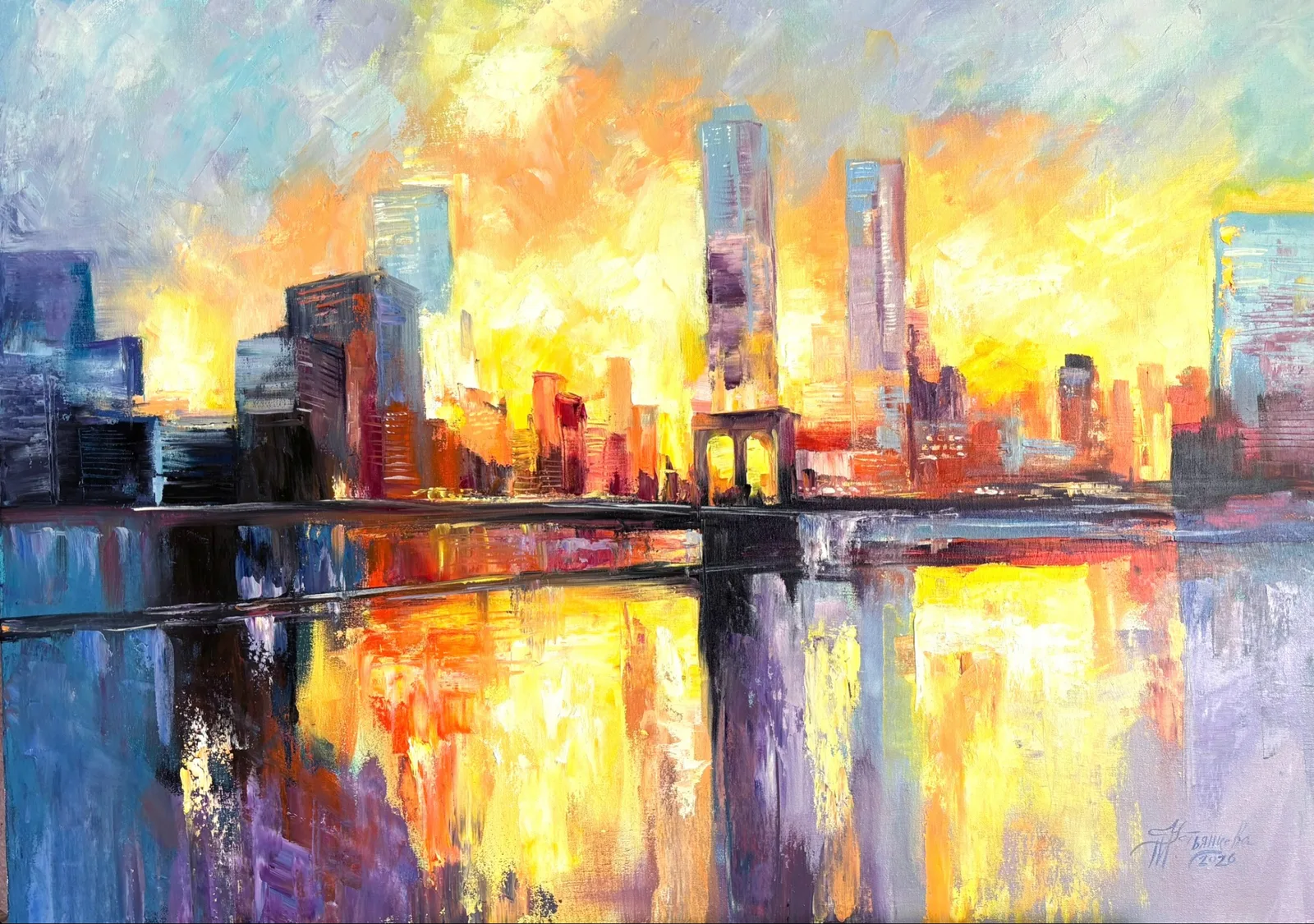 Картина «Городской пейзаж» — Татьяна Устьянцева, Городской пейзаж, На картине изображён городской пейзаж с высотными зданиями и мостом, отражающим…
