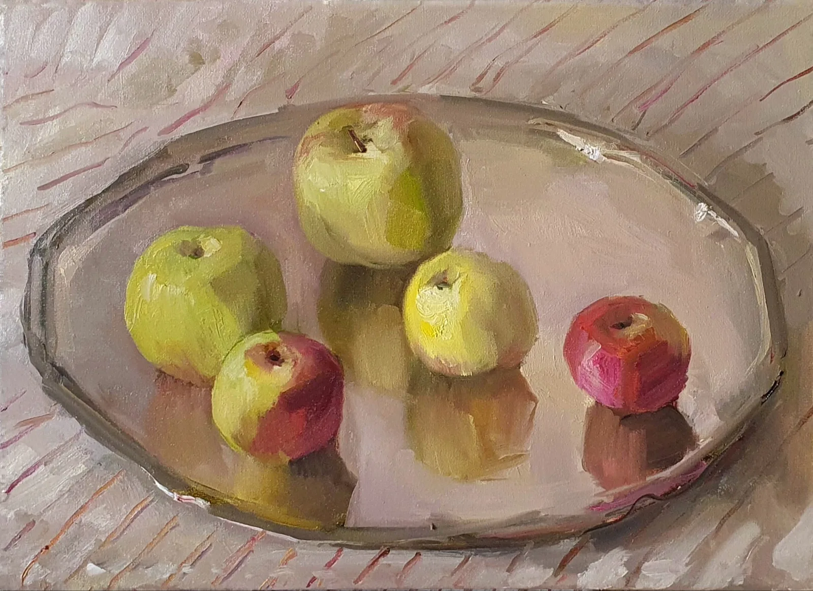 Картина «Яблоки» — Светлана Родионова, Натюрморт, На картине изображён натюрморт с яблоками, расположенными на овальном блюде. 
Р…