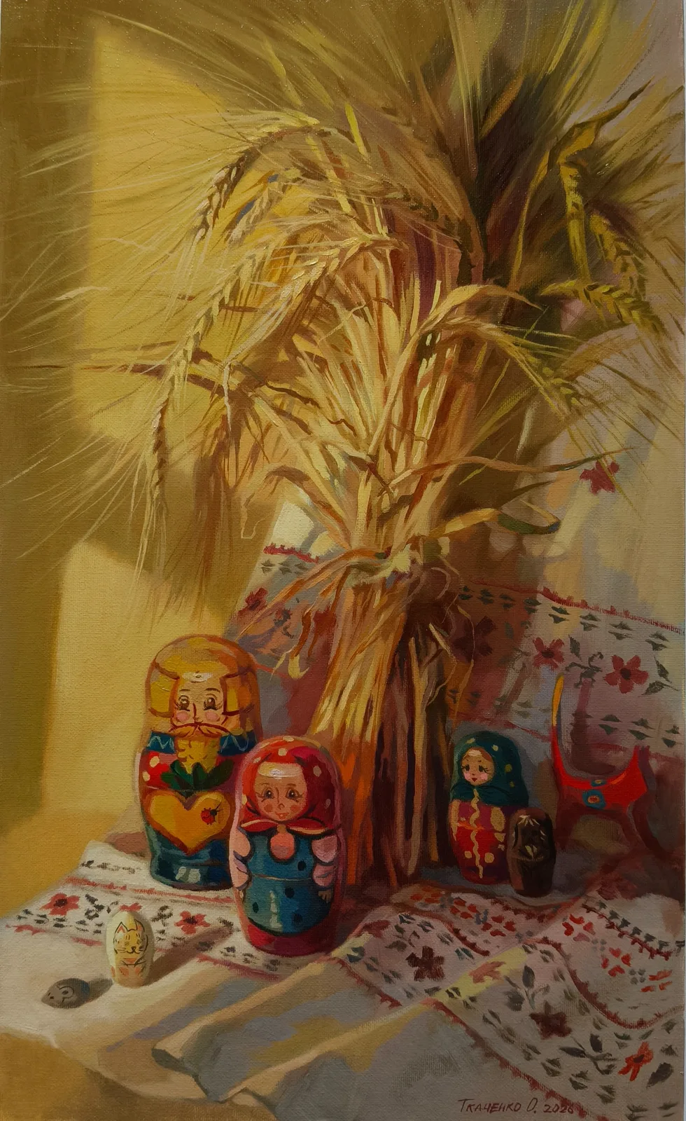 Картина «"Матрёшки"» — Ольга Ткаченко, Натюрморт, Образ матрёшек и сплетённых колосьев злаков возник передо мной как символ тепла…