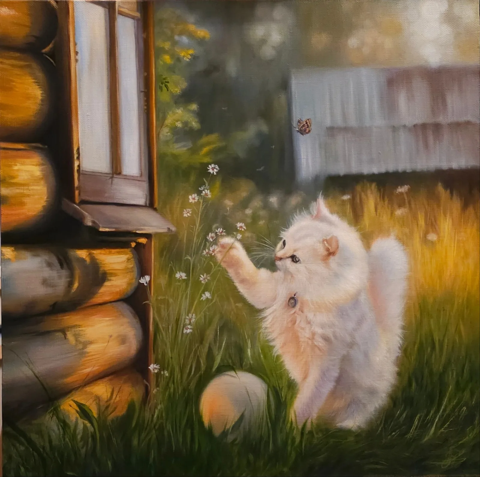 Картина «Мечтательный котёнок у деревянного домика» — Инна Куртенкова, Анималистика, Цветовое решение картины "Мечтательный котёнок у деревянного домика" характериз…