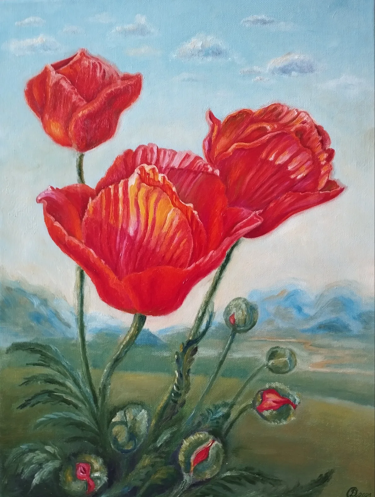 Картина «Алый мак» — Дина Смольникова, Пейзаж, На картине изображены ярко алые маки на фоне раскинувшегося ландшафта. Вдали ви…