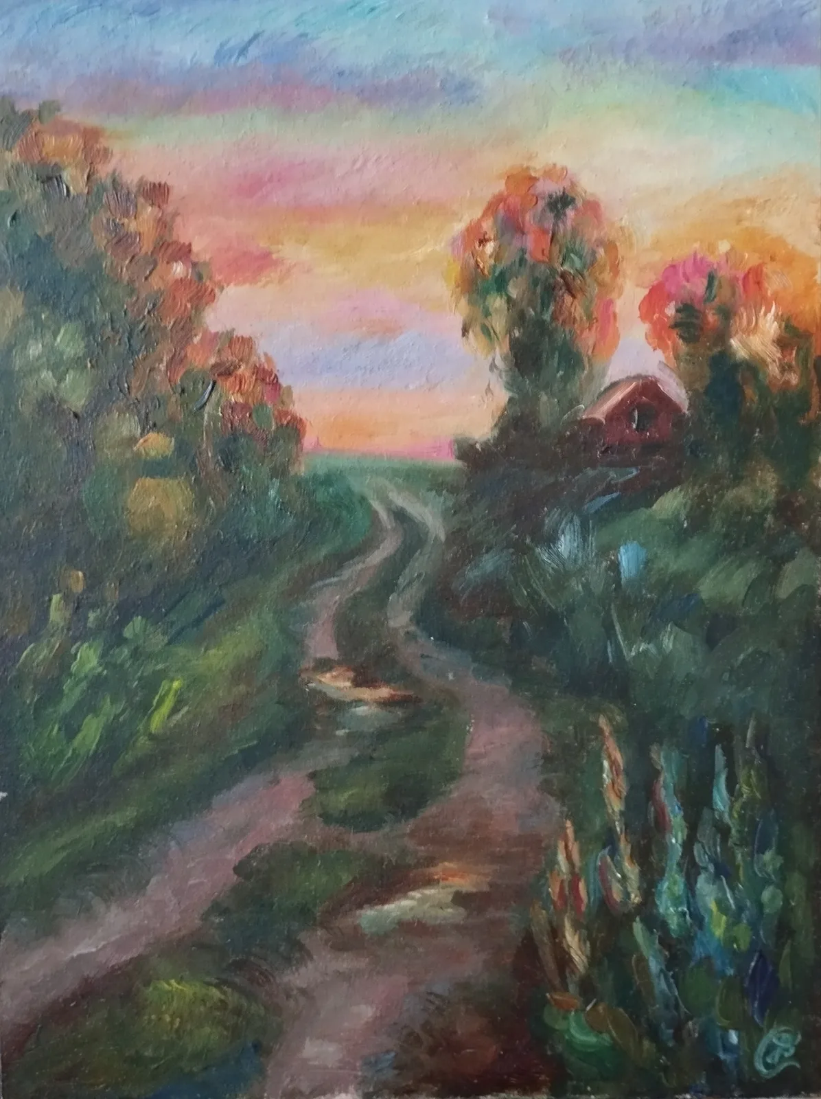 Картина «По просёлочной дороге» — Дина Смольникова, Пейзаж, На картине изображён деревенский пейзаж с уходящей в даль просёлочной дорогой. …