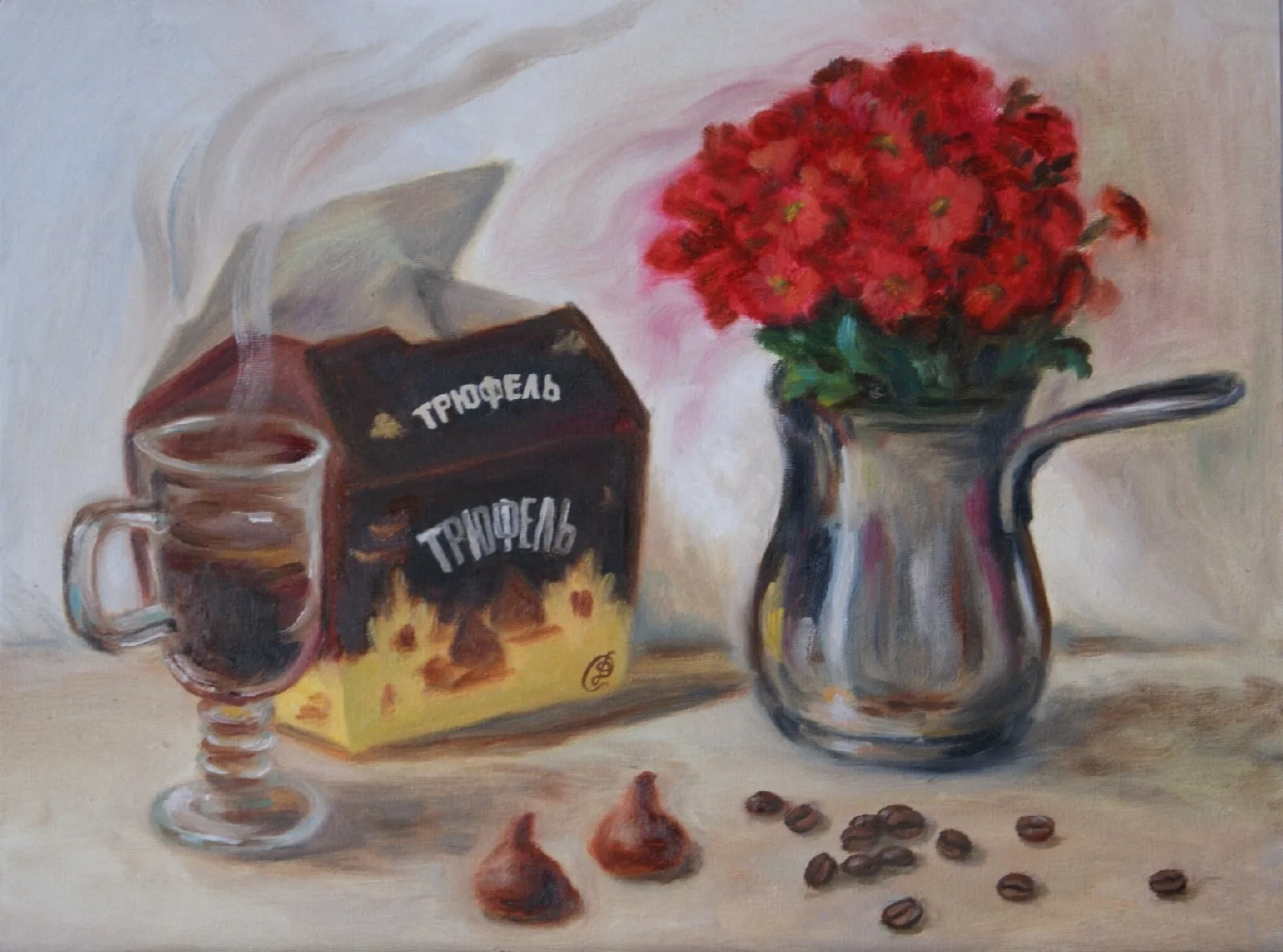 Картина «Трюфель» — Дина Смольникова, Натюрморт, На картине изображён натюрморт с конфетами трюфель и ароматным кофе. Весёлое на…
