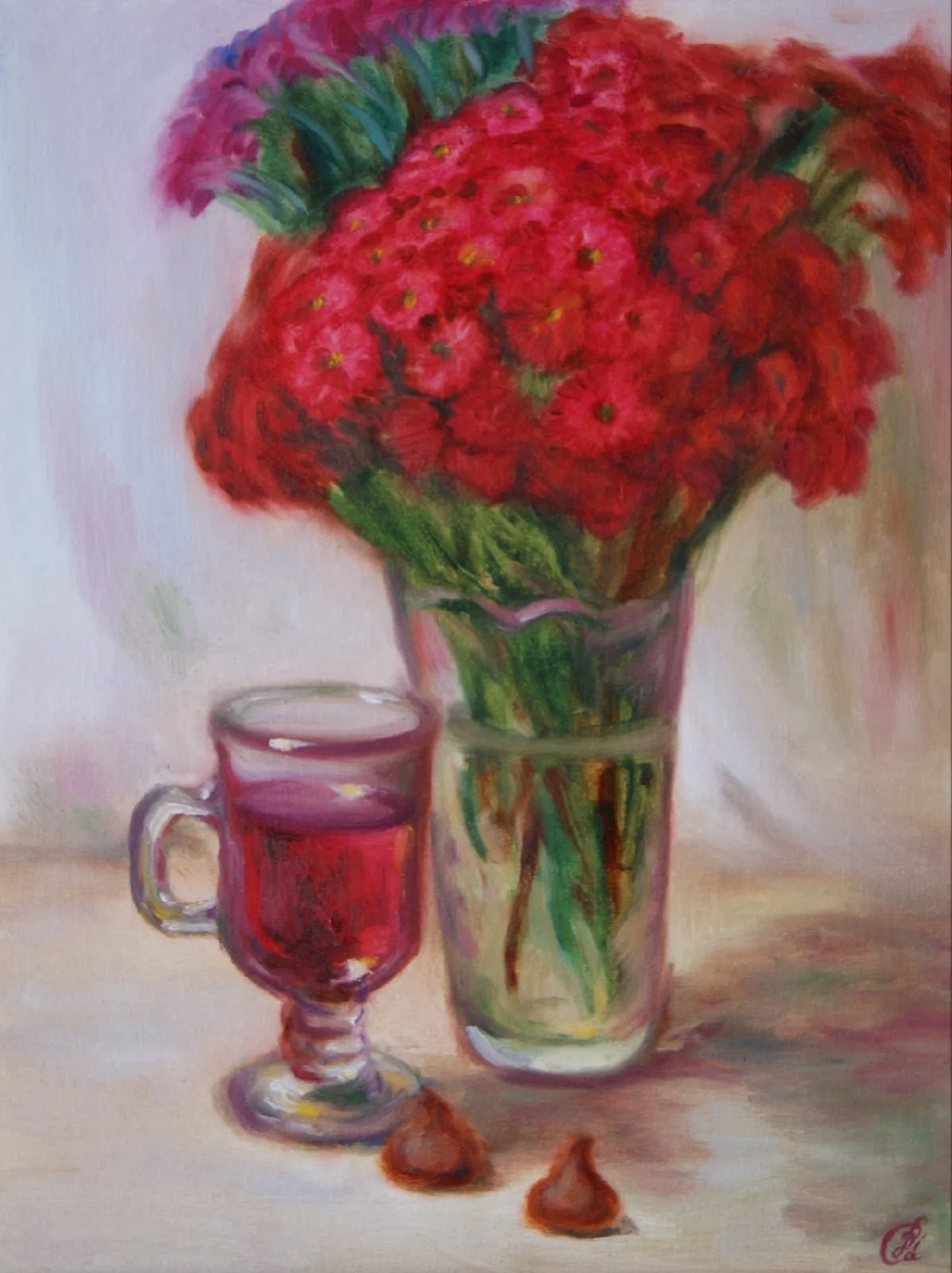 Картина «Яркий вкус» — Дина Смольникова, Натюрморт, На картине изображён букет хризантем и бокал наполненный сладко-кислым, ягодным…