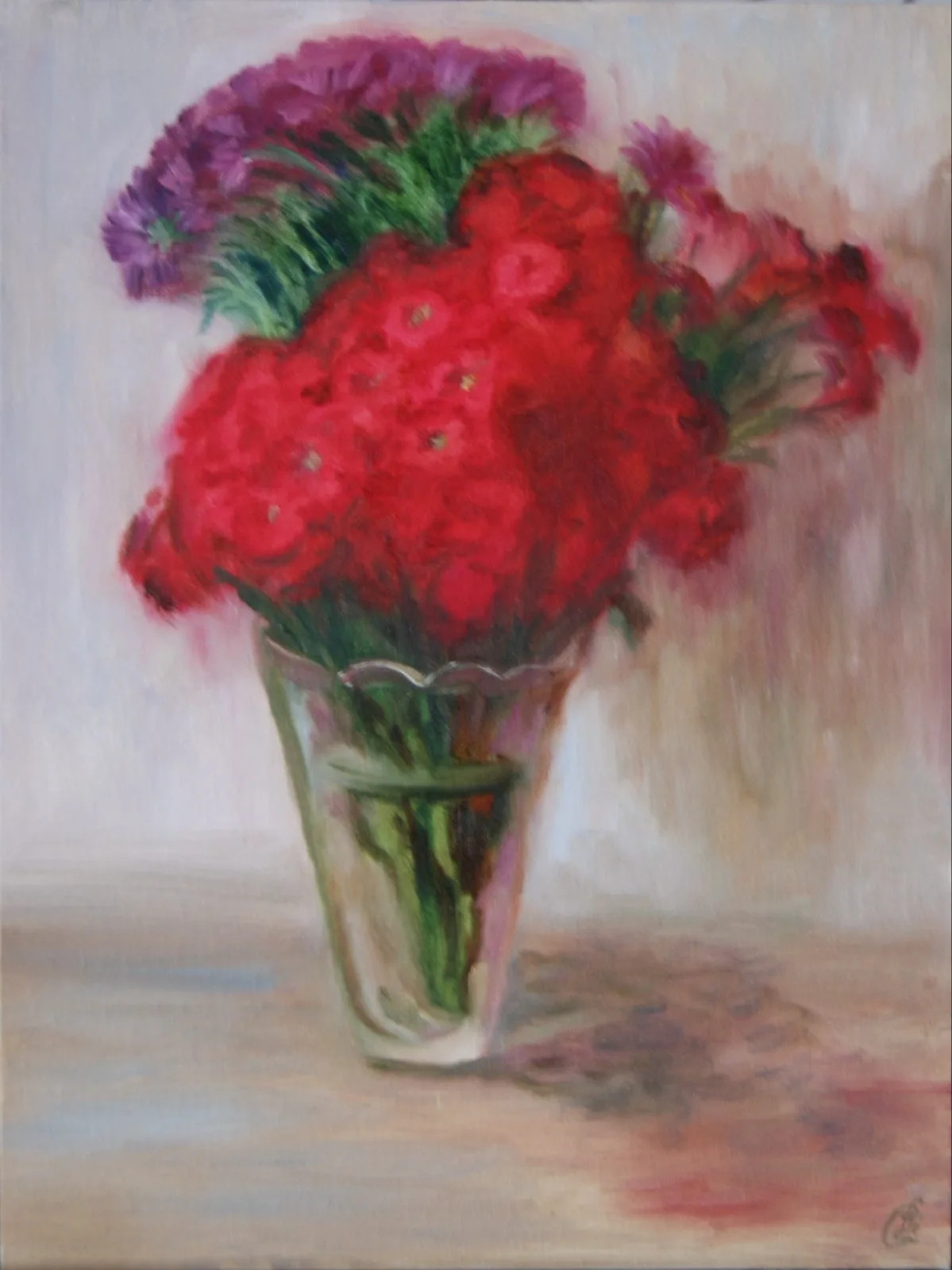 Картина «Рожок хризантем» — Дина Смольникова, Натюрморт, На картине изображён букет хризантем в хрустальной вазе. Букет выглядит как рож…