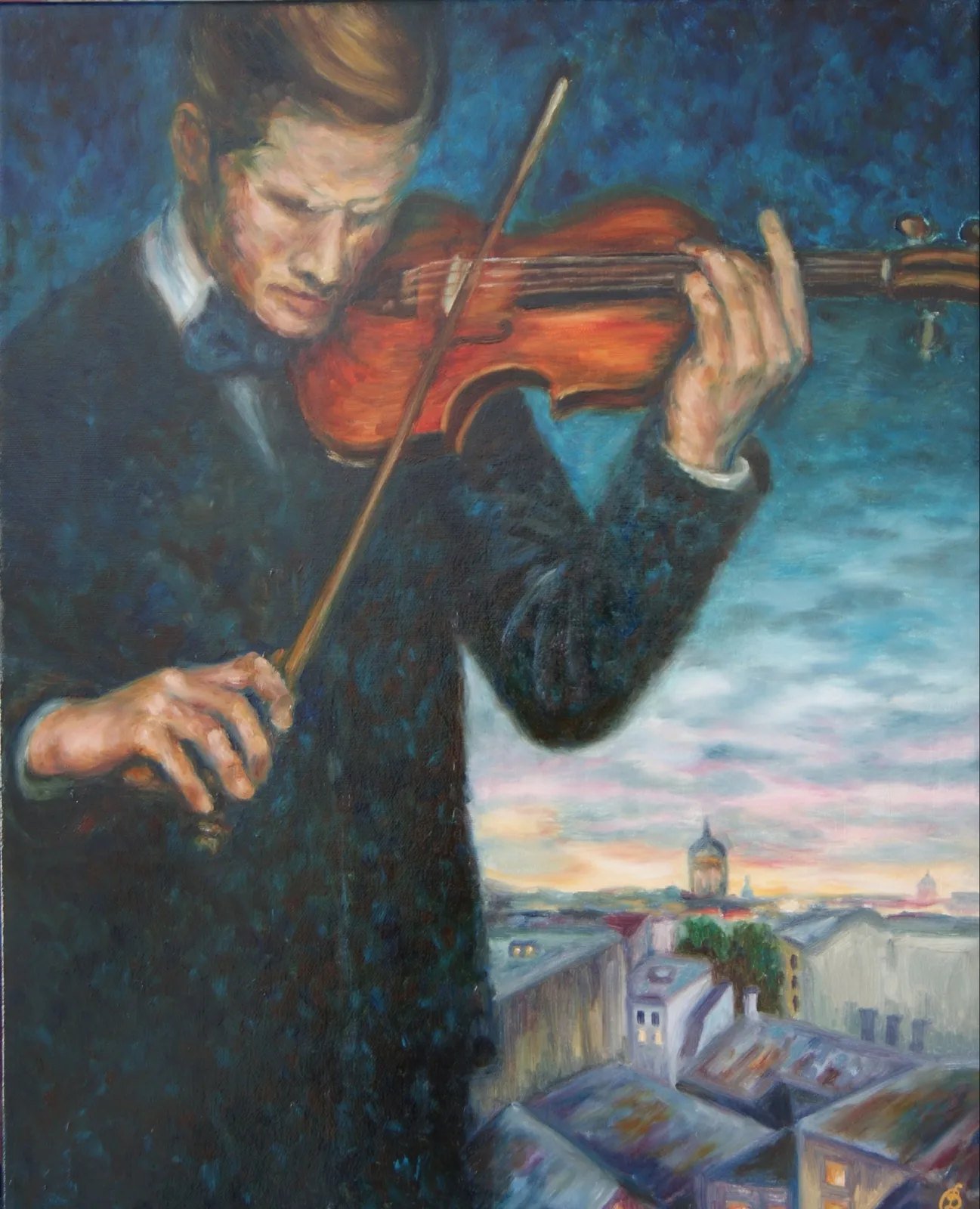 Картина «Мелодия ночи» — Дина Смольникова, Жанровая живопись, На картине изображён скрипач, он олицетворяет собой Вечер спустившийся над горо…