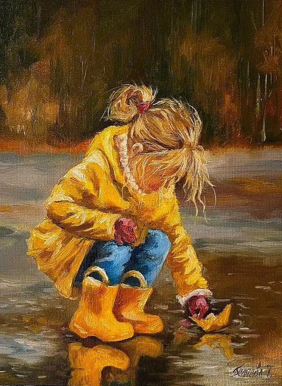 Картина «Кораблик» — Татьяна Беляева, Другое, Образ маленькой девочки в желтом плаще и резиновых сапогах, пускающей кораблик …