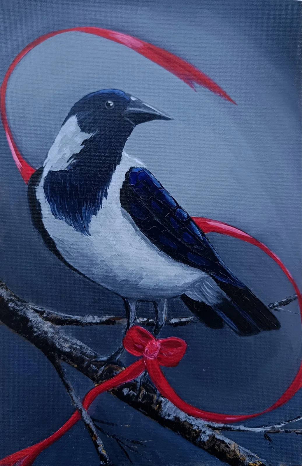 Картина «Бесконечность» — Екатерина Сокуренко, Анималистика, Картина с вороной и красной лентой выполнена на холсте на картоне кистью и маст…