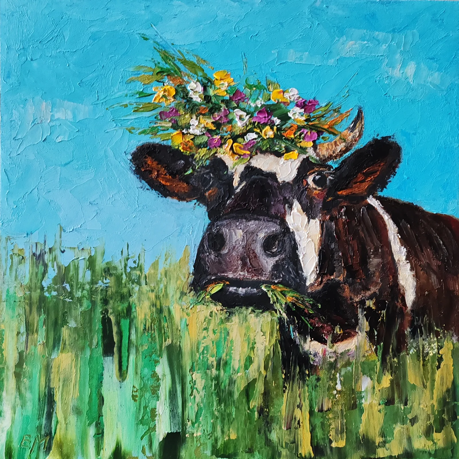 Картина «Буренка» — Елена Малыхина, Анималистика, На картине изображена корова с цветочным венком на голове, которая пасётся в зе…