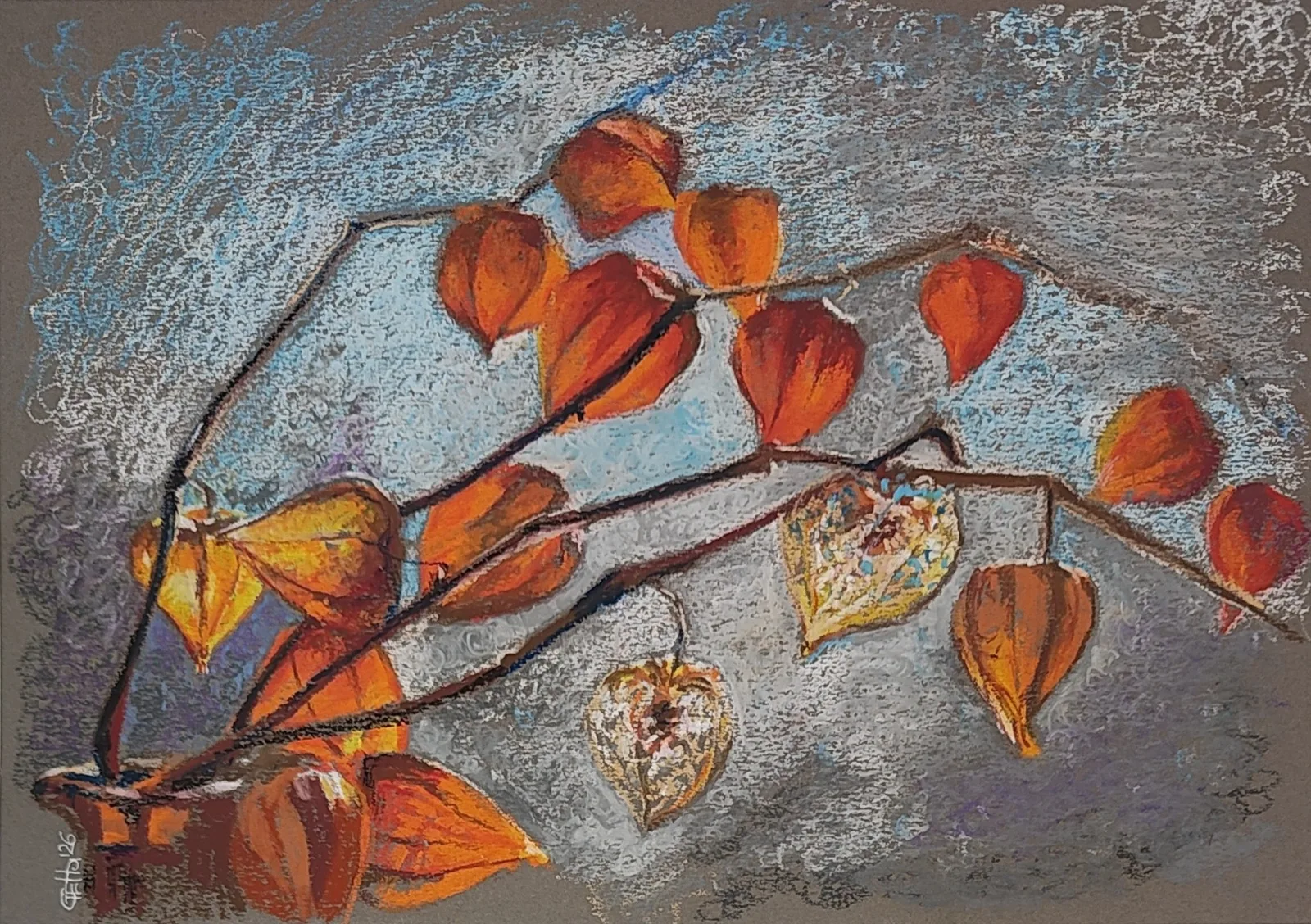 Картина «Ветки физалиса» — Наталья Степченкова, Другое, Осенняя картина с ветками яркого физалиса в вазе. Выполнена на тонированной бум…