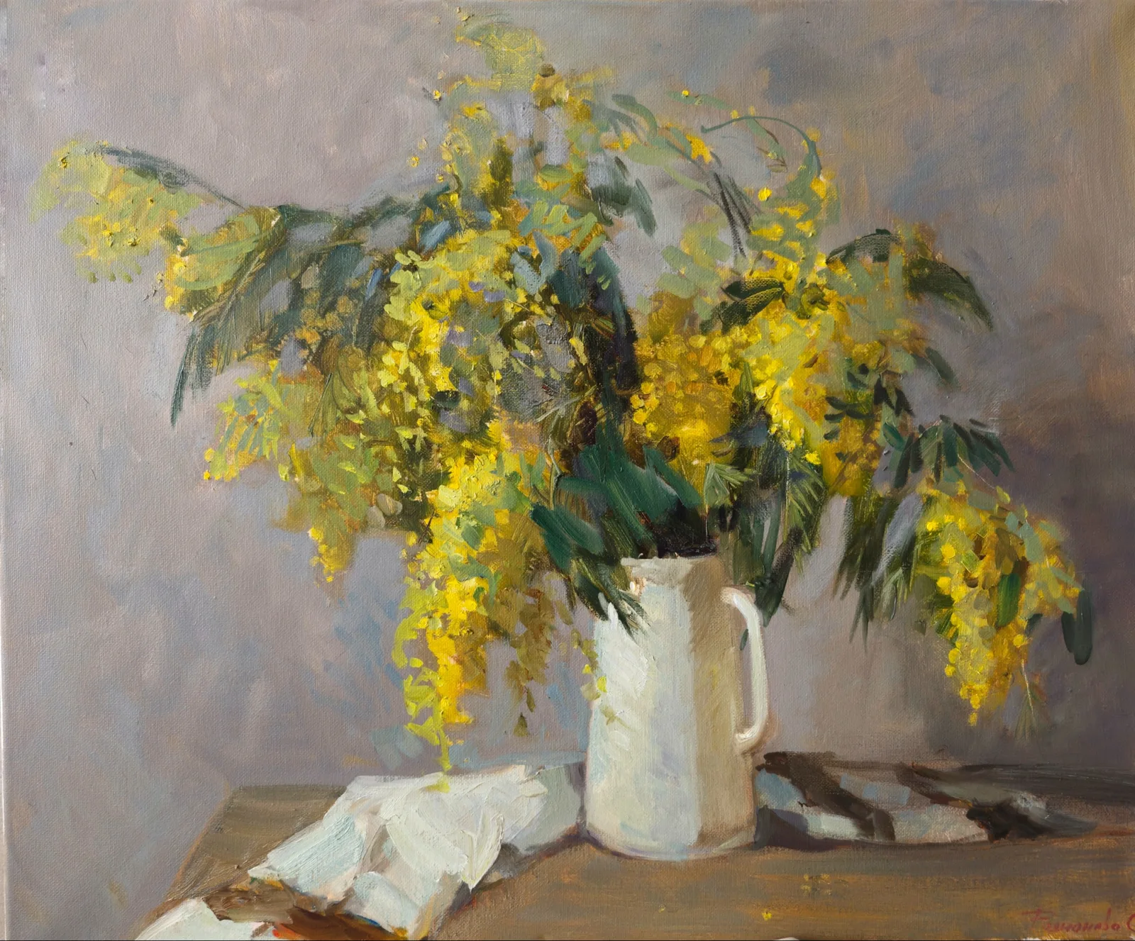 Картина «Мимоза» — Светлана Родионова, Натюрморт, На картине изображён букет мимозы в белой керамической вазе, стоящей на деревян…