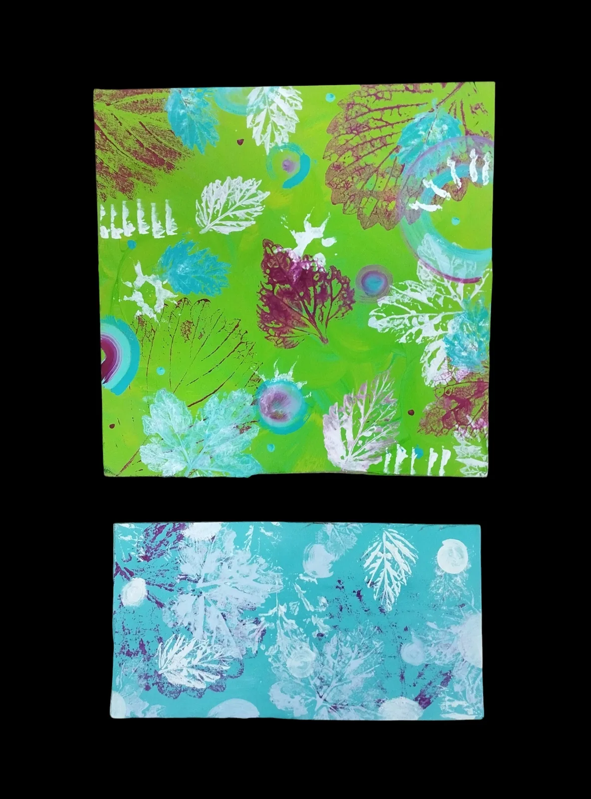 Картина «"Остановись человек"» — Лера Гугуева, Абстракция, На картине изображены отпечатки листьев на ярком фоне, выполненные в технике ак…