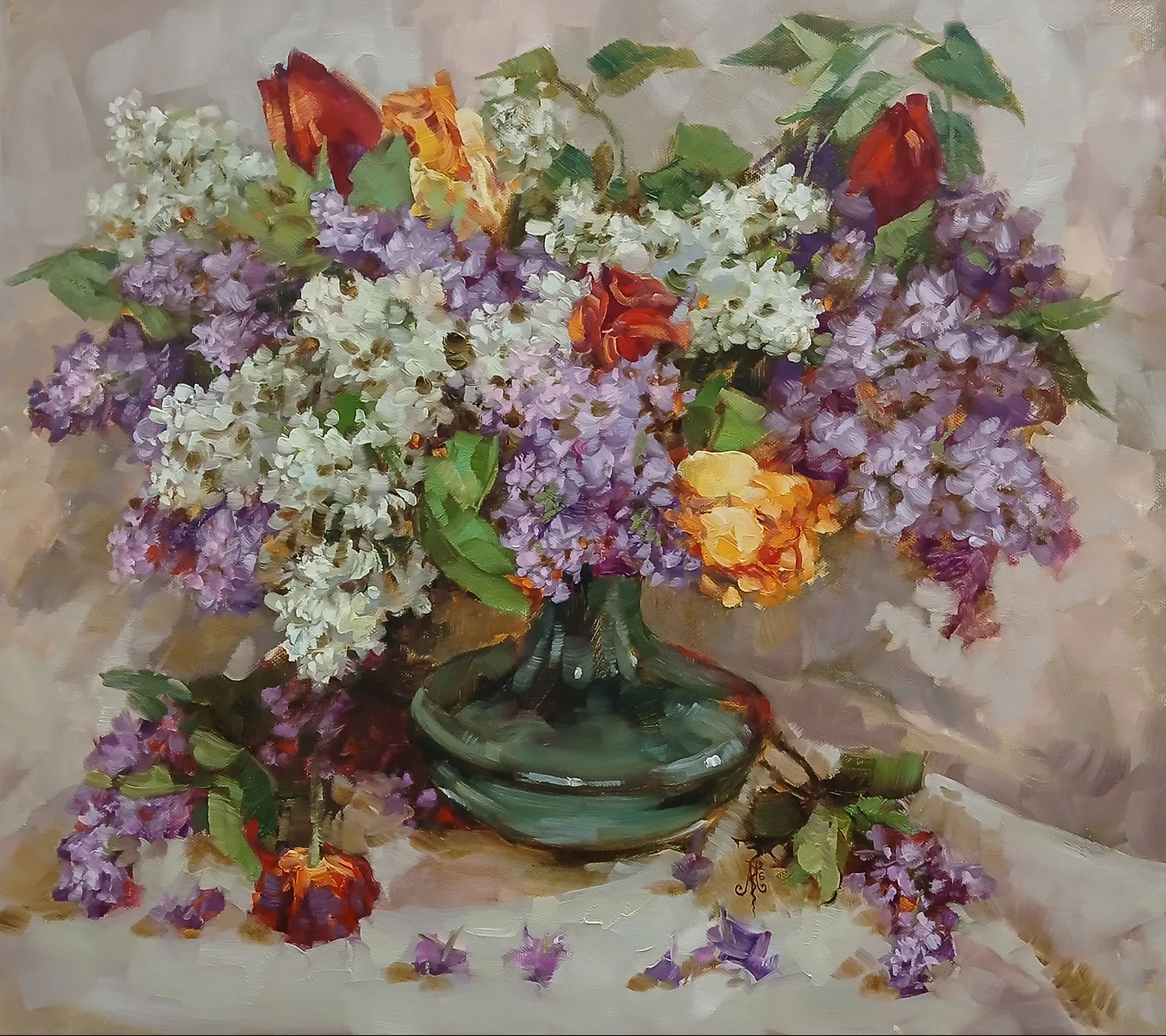 Картина «"Весенний букет"» — Марина Эмзе(Злобина), Натюрморт, В этой картине особенно привлекают внимание лиловые и белые соцветия сирени, ко…
