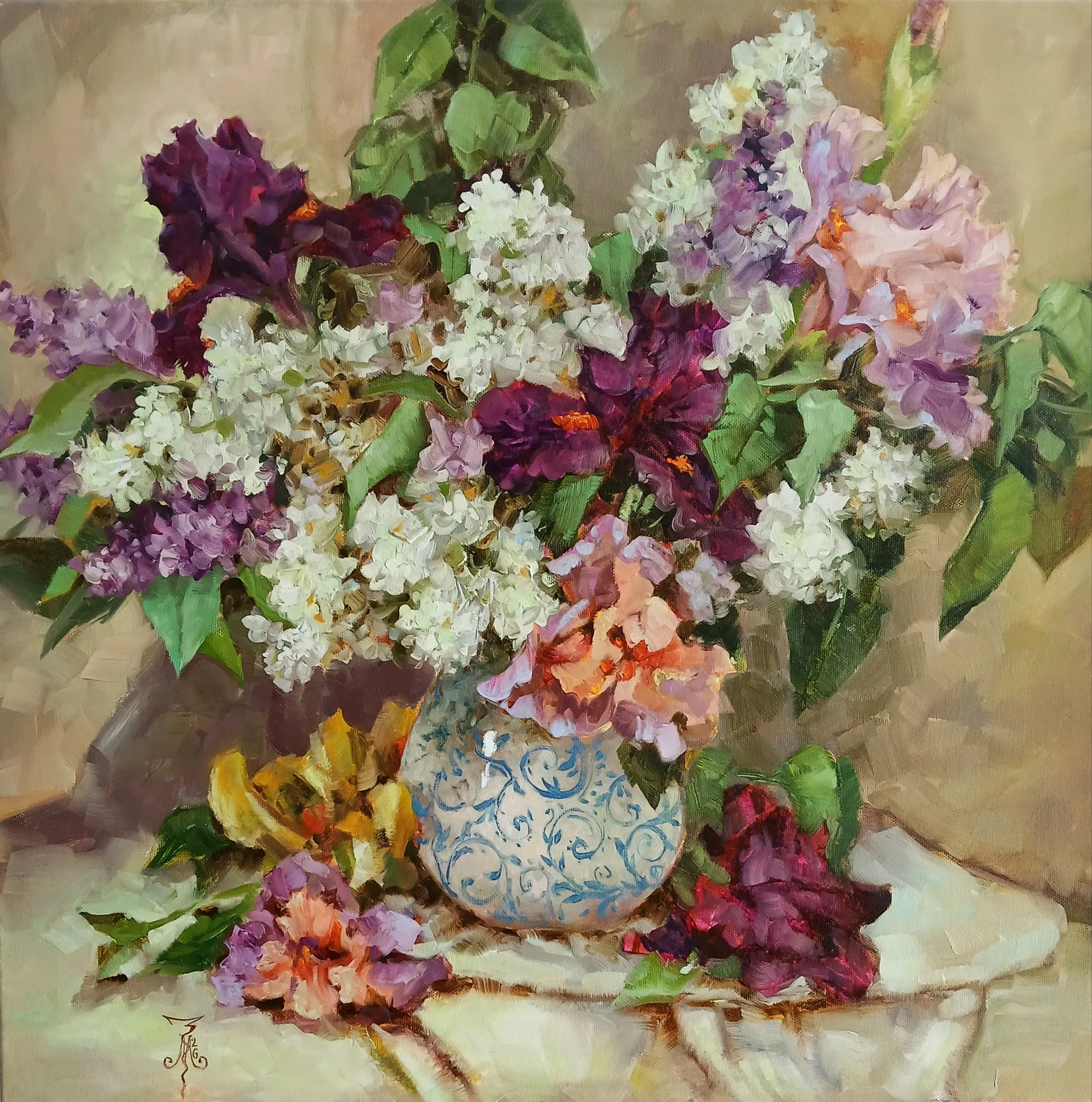 Картина «"Сирень и ирисы"» — Марина Эмзе(Злобина), Натюрморт, В тихий весенний день художник запечатлел момент, когда природный мир просыпает…