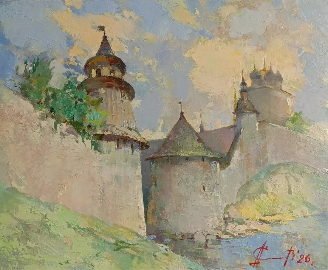 Картина «У стен древней крепости» — Александр Елисеев, Городской пейзаж, Картина написана в пастозной технике , манера широкого мазка , мастехин.