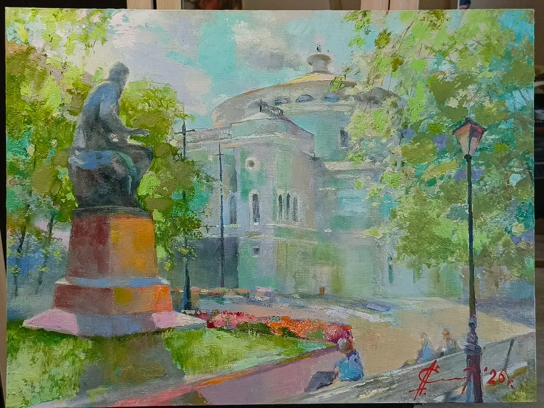 Картина «СПБ . В сквере у Театральной площади» — Александр Елисеев, Городской пейзаж, Вид этот обнаружил случайно и на следующее утро писал с этого места пленер.