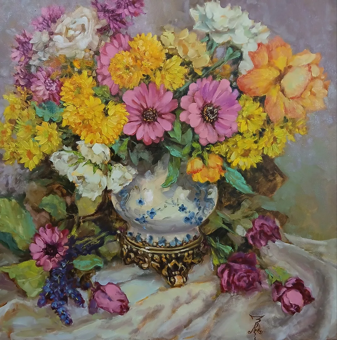 Картина «"Хризантемы, цинии, розы"» — Марина Эмзе(Злобина), Натюрморт, Авторская, натурная. Холст на подрамнике.
Работа свежая, сохнет, отправка возм…
