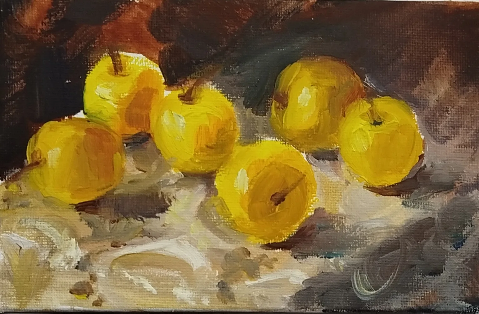 Картина «Жёлтые яблоки» — Екатерина Аносова, Натюрморт, Крохотный этюд,но сколько в нем солнца) очень люблю маленькие работы ,в них чис…