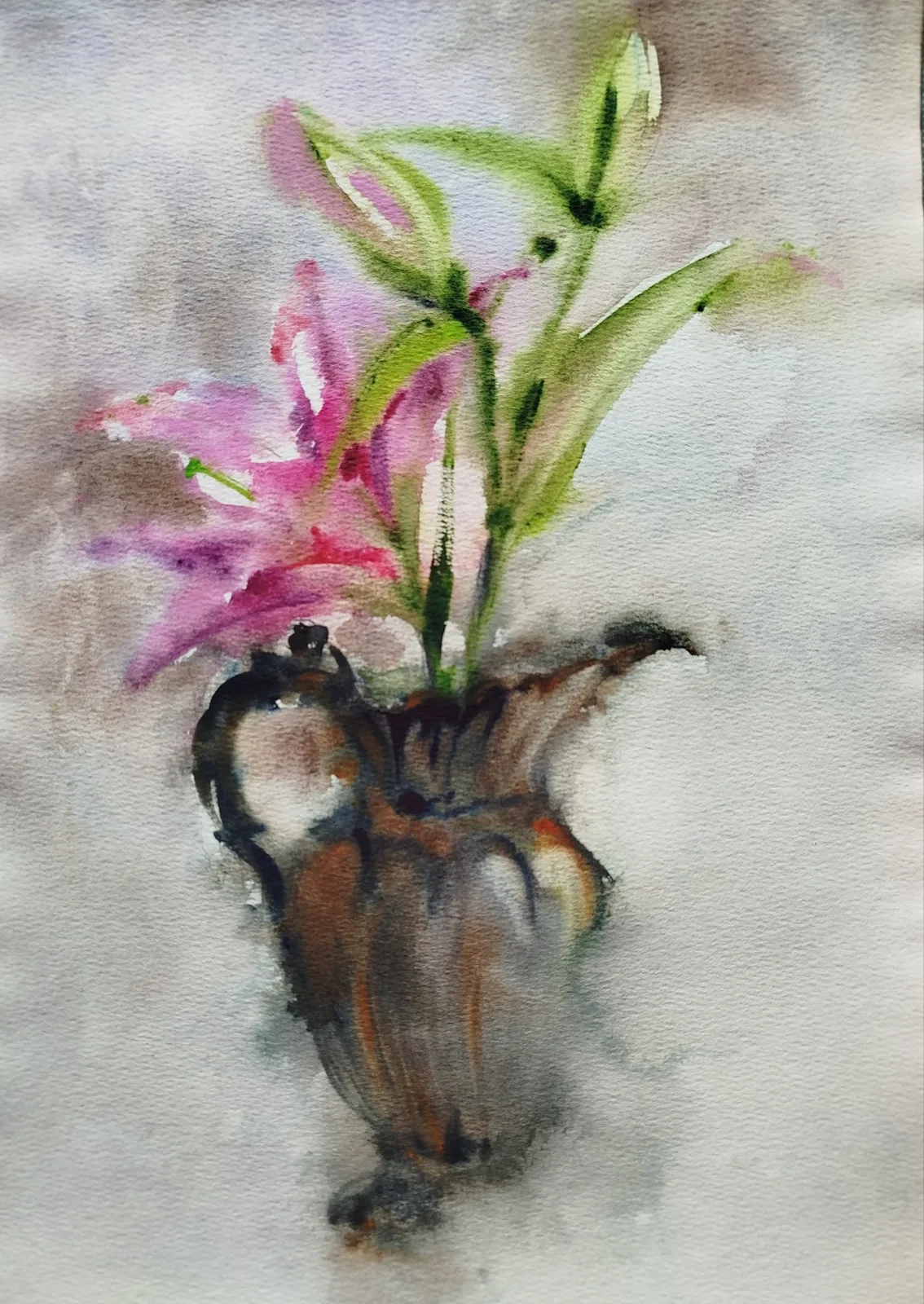 Картина «Лилия в бронзовом кувшине №2» — Екатерина Аносова, Натюрморт, На картине изображена скромная композиция из одной лилии, поставленной в бронзо…