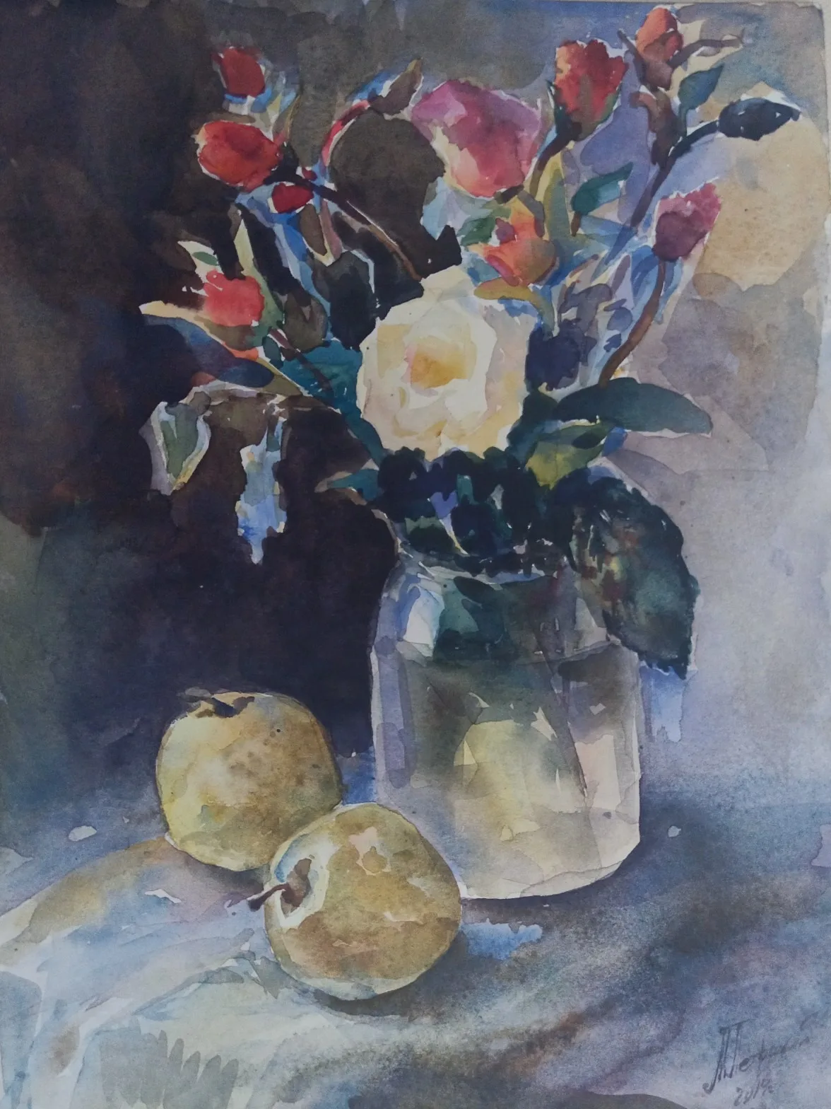 Картина «"Натюрморт с розами и яблоками"» — Марина Петрикий, Натюрморт, Натюрморт с розами и яблоками написан в технике акварели. При работе над картин…