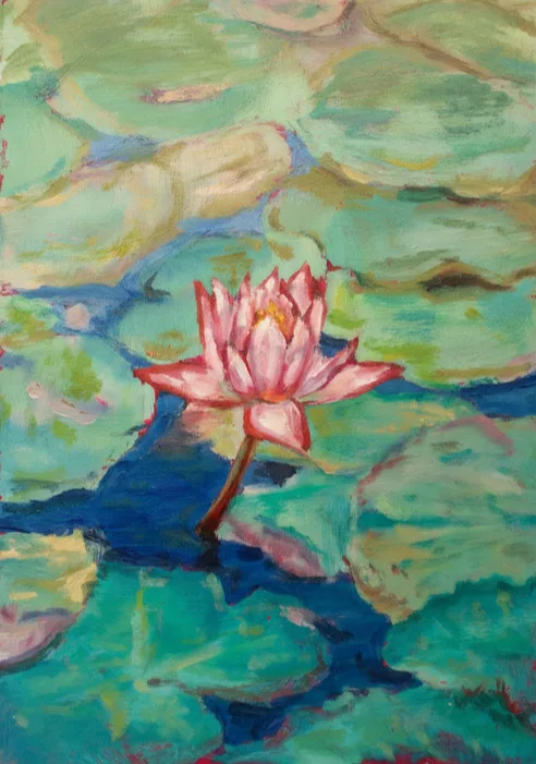 Картина «Кувшинка» — Анастасия Воинская, Пейзаж, На картине изображён нежный розовый цветок кувшинки на фоне сочных зелёных лист…