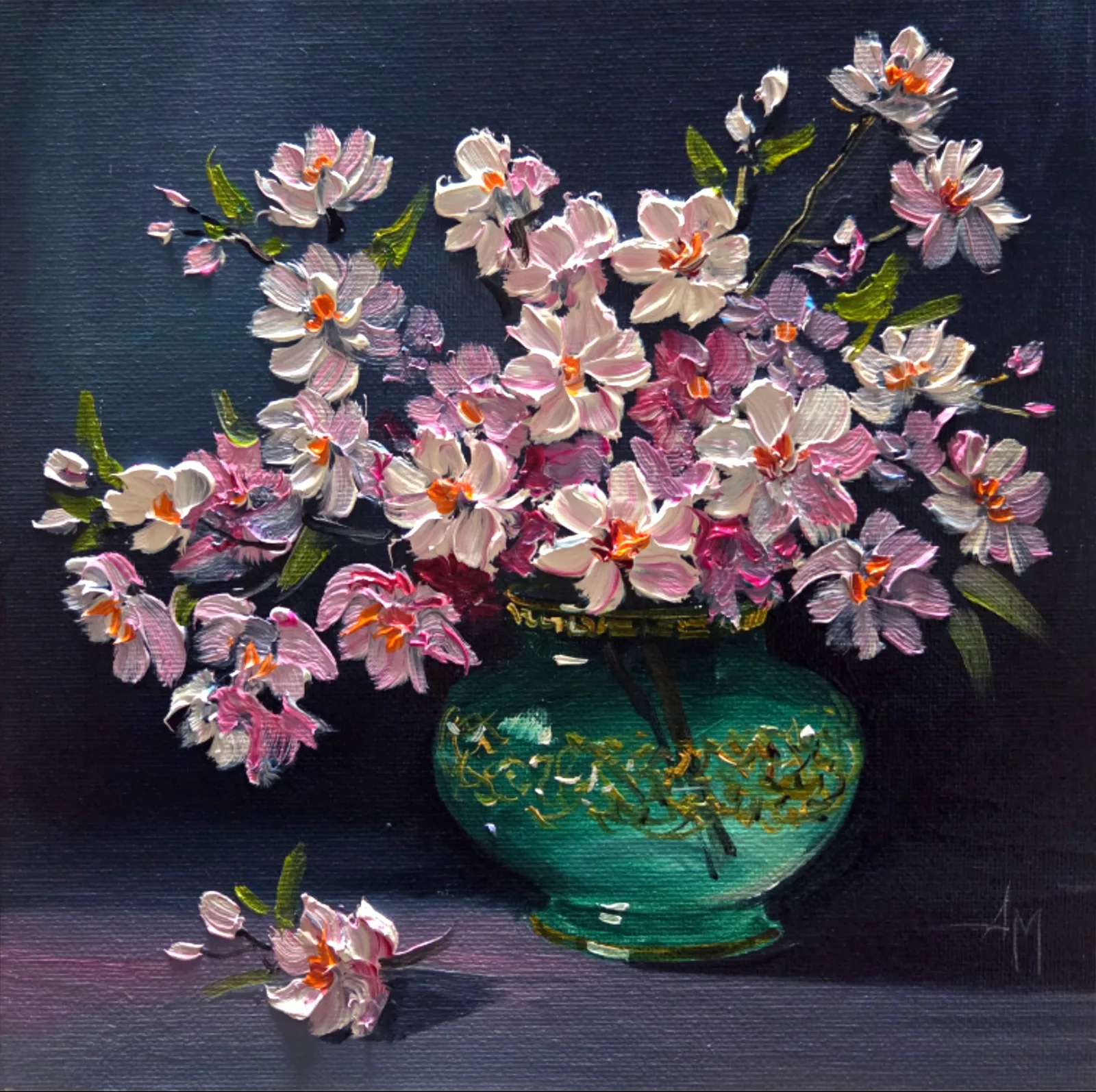 Картина «Яблоня» — Анна Меньщикова, Натюрморт, На картине изображена ваза с цветами яблони. Веточки с нежными розовыми цветами…