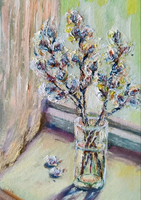 Картина «Верба» — Елена Малыхина, Натюрморт, Весной 2025 года, ранним утром, когда солнце только начинало прогревать комнату…