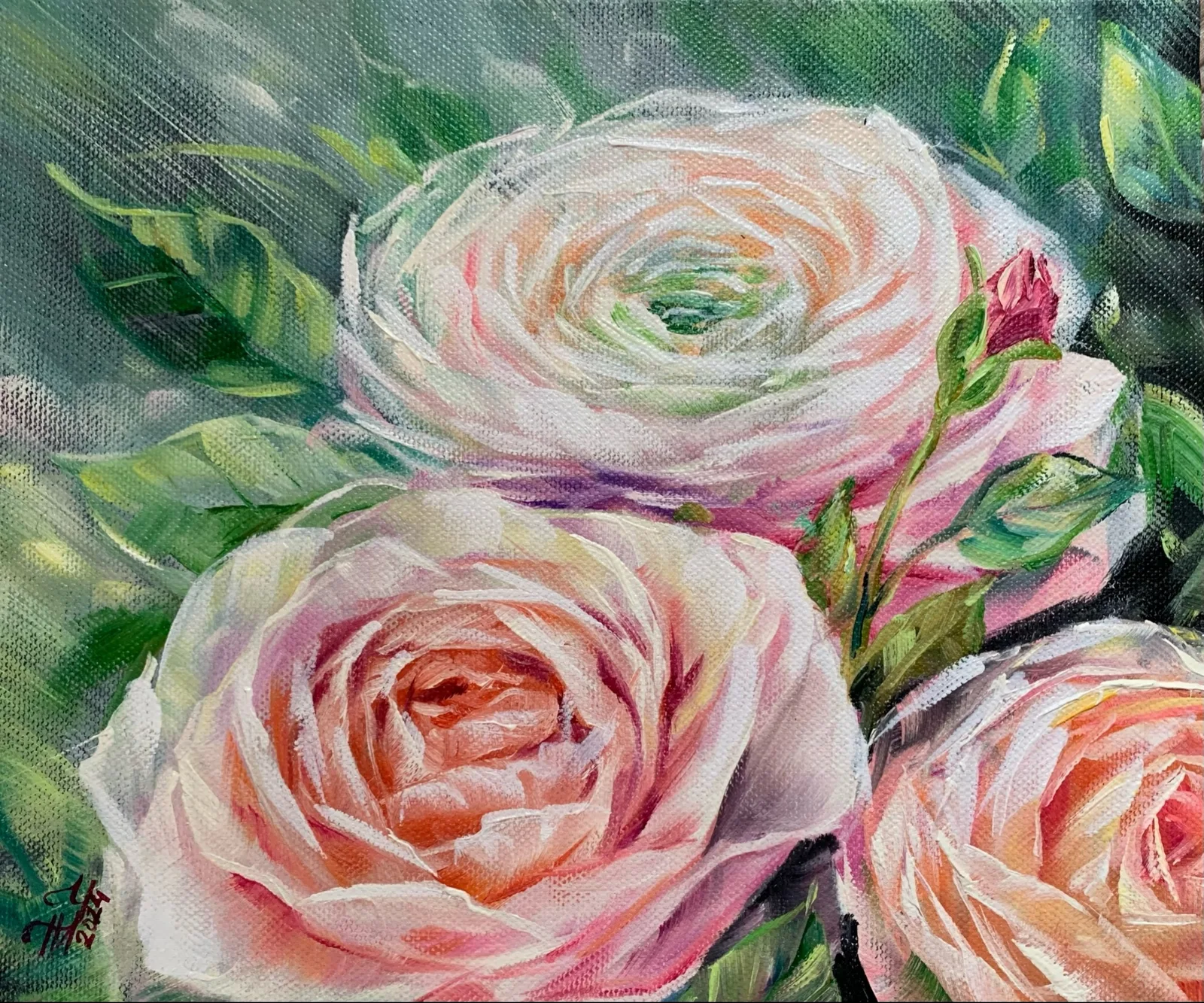 Картина «"Розы"» — Татьяна Устьянцева, Натюрморт, На картине изображены три розы нежного розового оттенка с зелеными листьями на …