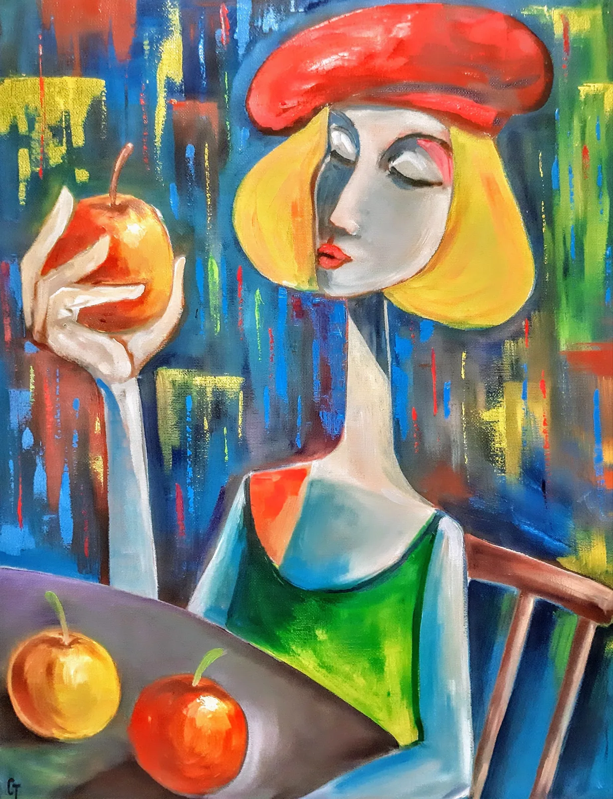 Картина «Девочка с яблоками» — Татьяна Сырова, Абстракция, На переднем плане картины "Девочка с яблоками" яркий свет освещает нежное лицо …