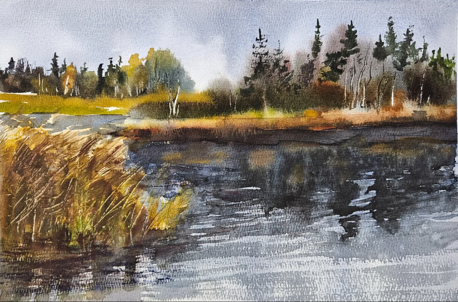 Картина «Берег воспоминаний» — Ксения Ползикова, Пейзаж, На акварельной картине "Берег воспоминаний" контраст между светлыми и тёмными о…