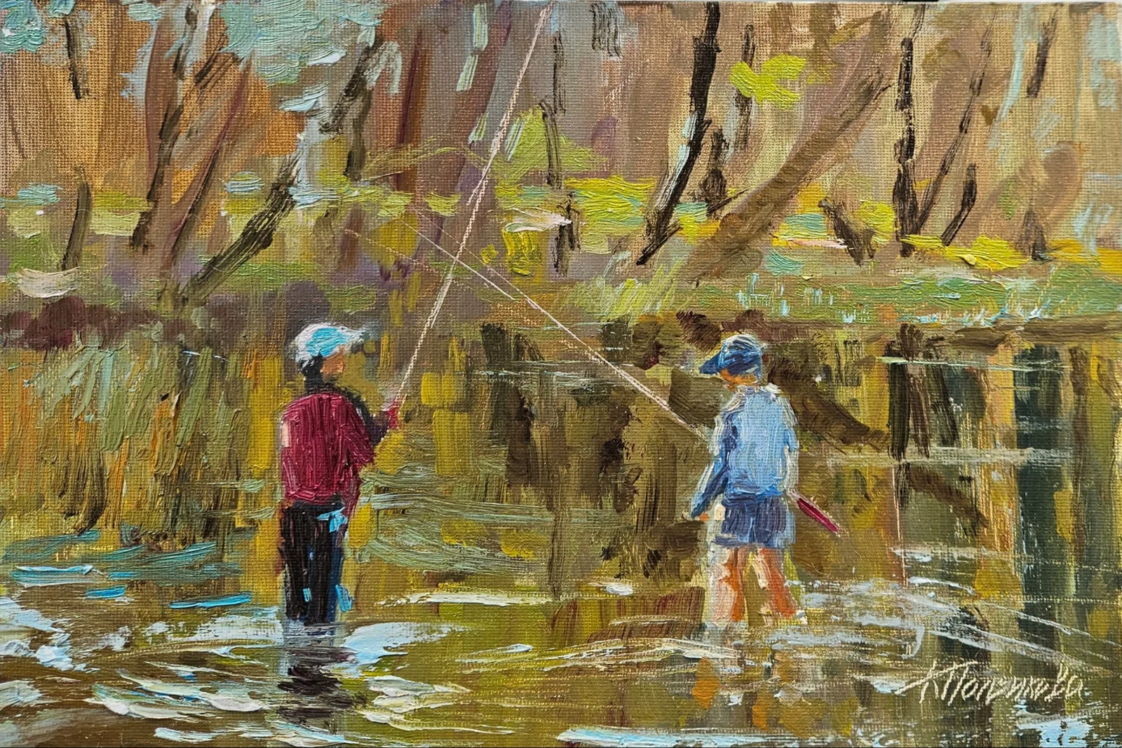 Картина «Не разлей вода» — Ксения Ползикова, Жанровая живопись, Летним солнечным днем 2025 года я стояла на берегу реки и смотрела, как двое ма…
