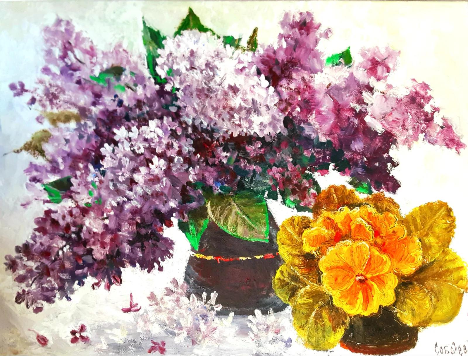 Картина «Сирень и примула» — Надежда Соболева, Натюрморт, В картине "Сирень и примула" художник Надежда Соболева использует яркие и сочны…