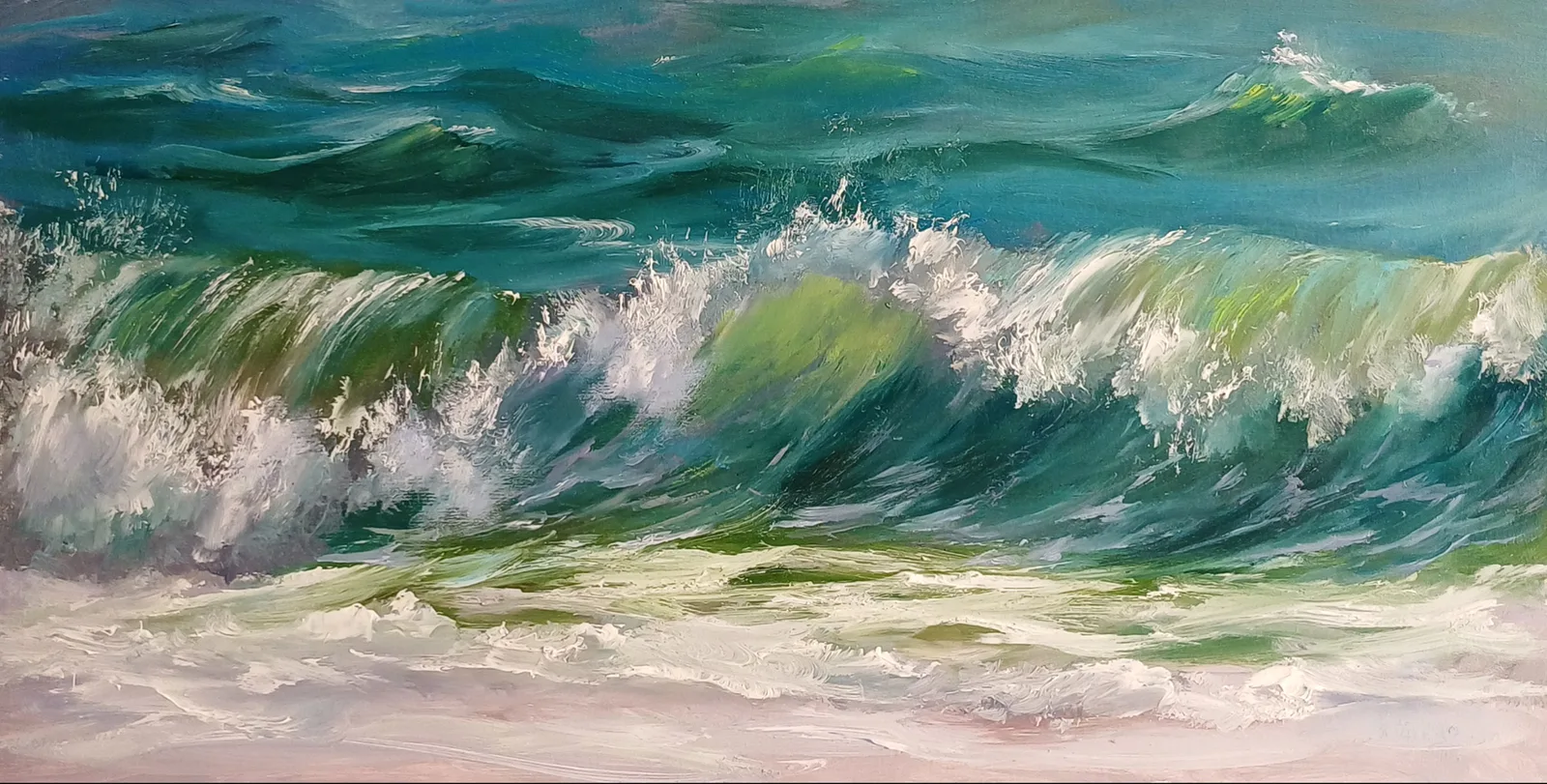 Картина «Морские волны» — Александра Иванова, Пейзаж, На картине изображены волны, бьющиеся о берег, вода изумрудного, зеленого цвето…